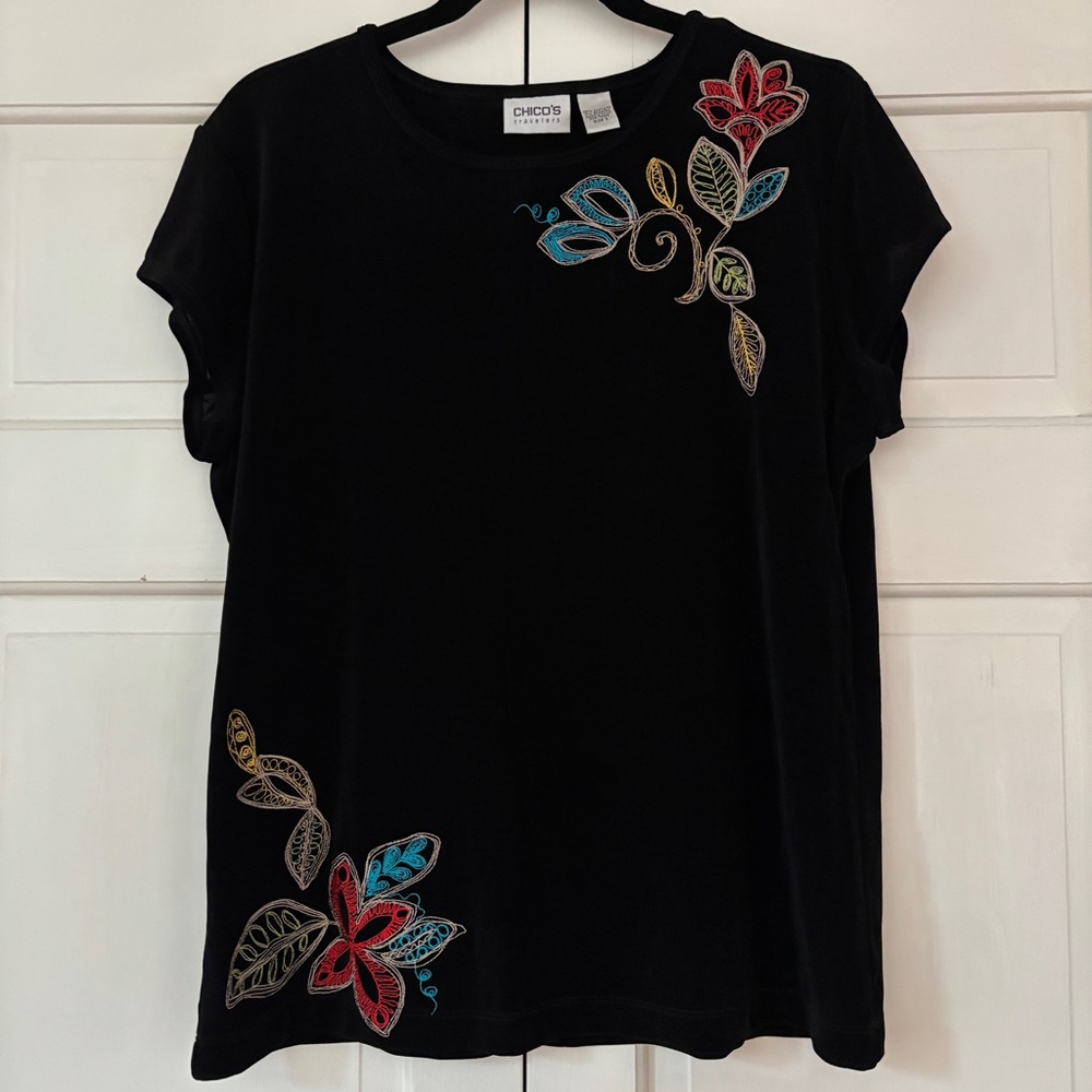Chico's Travelers Size 3 Black Floral Embroidered Women's Top Blouse Chicos XL